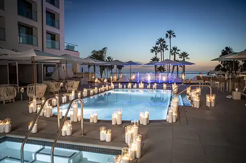 Holiday bash for Strategic Hotels & Resorts at The Regent Hotel in Santa Monica, CA showing pool decor